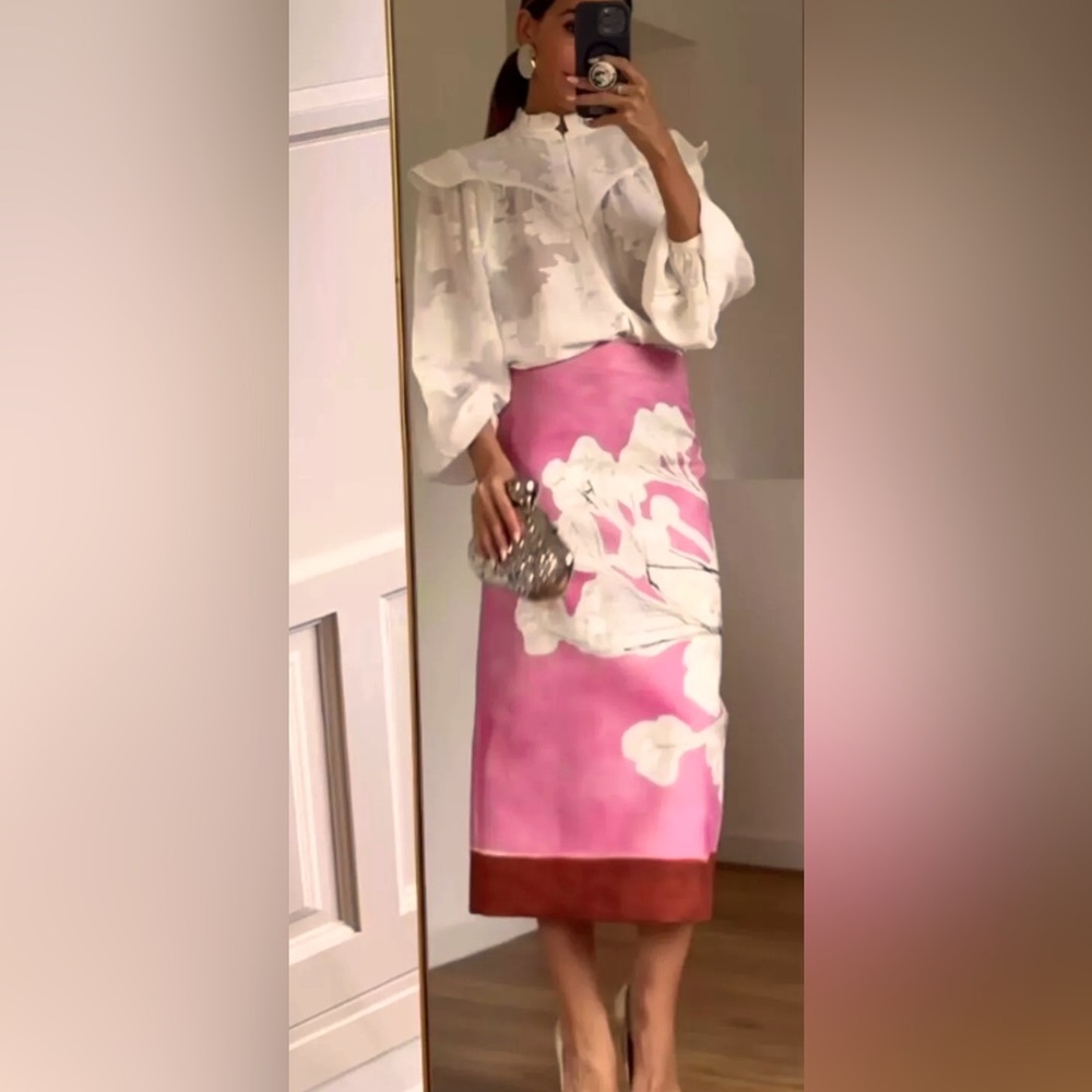 NWT ZARA MID-RISE MIDI LINEN BLEND PENCIL SKIRT FLORAL PINK XL SEE DOT ON SKIRT